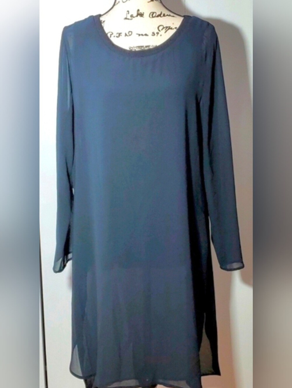 Soft Surroundings|Women's Long Black Semi Sheer Lined Mini Dress Evening Sz.L